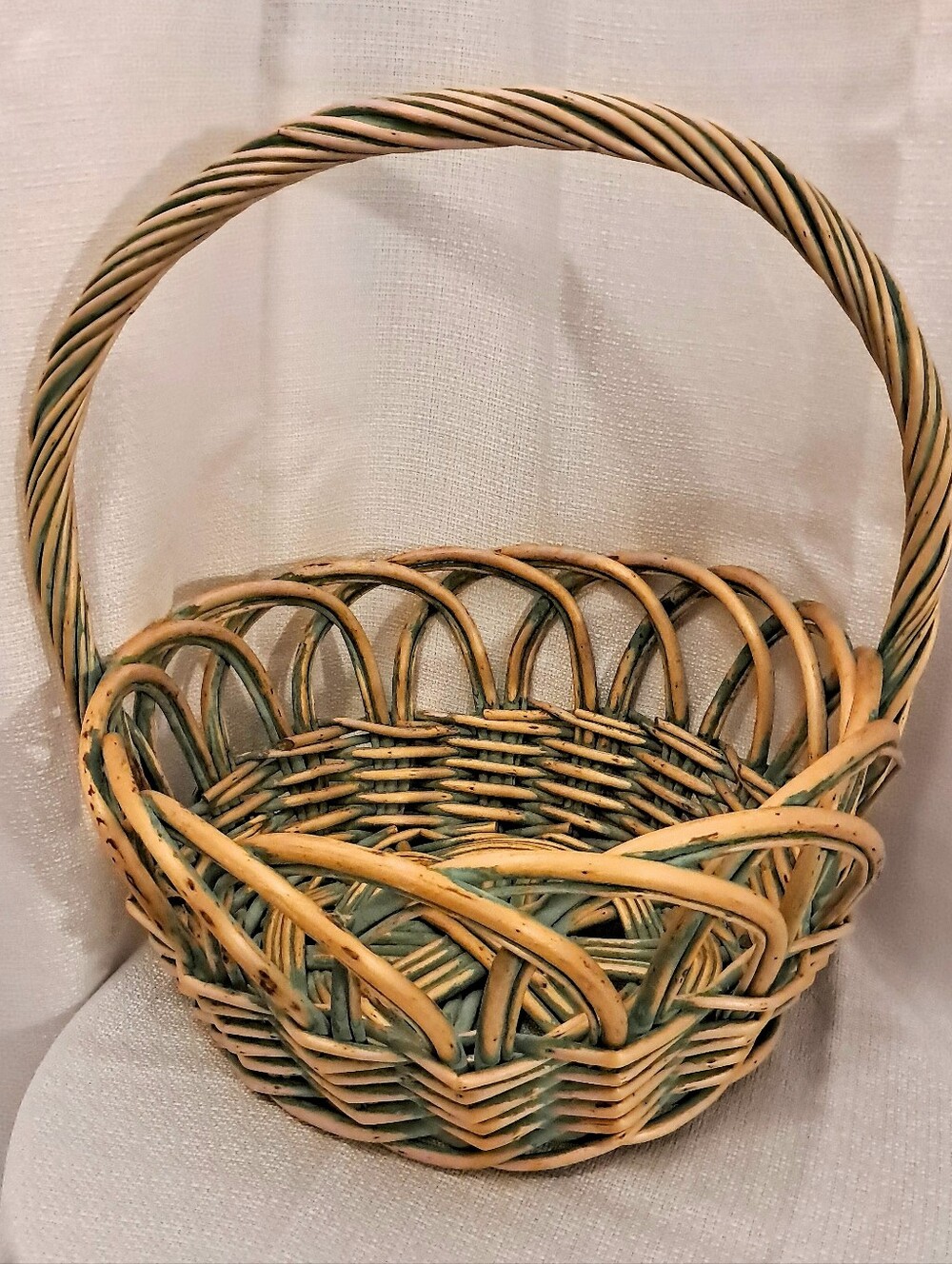 Vintage Large Handwoven Wicker Basket Green & Natural Twisted Handle Cottagecore